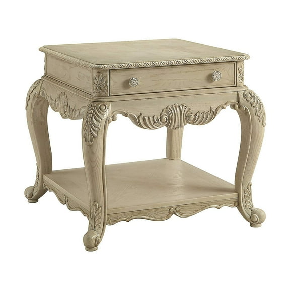 Wooden End Table With One Drawer And Bottom Shelf, Antique White