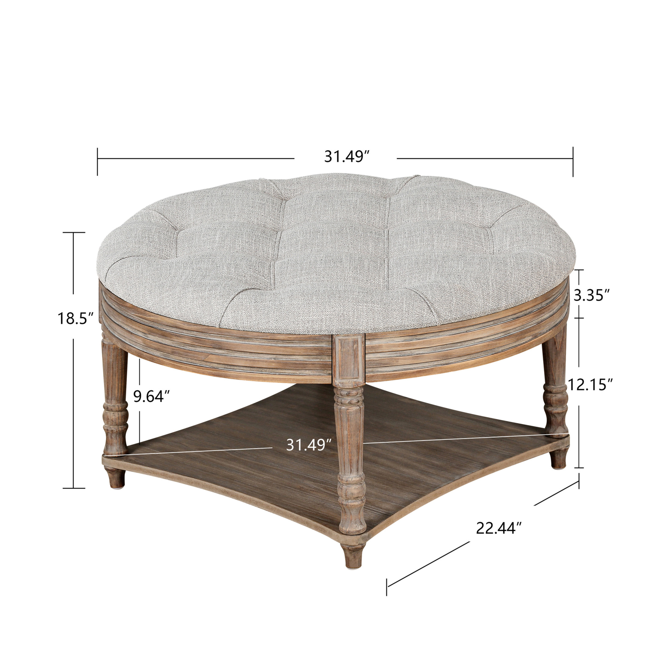 Noble House Large Round Tufted Ottoman Coffee Table with Wooden Storage Shelf, Waterproof Farmhouse Upholstered Footstool,Light Gray