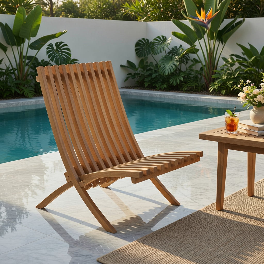 Hommoo Folding Teak Wood Outdoor Lounge Chair, Ergonomic Slatted Design, Compact Foldable for Patio, Backyard & Fire Pit Use, Natural