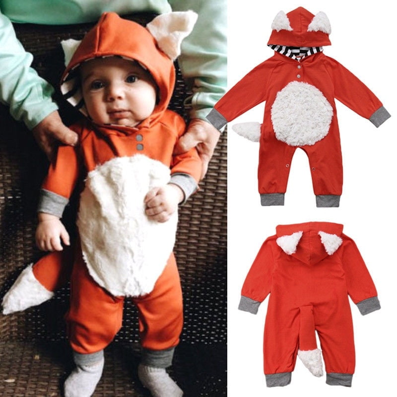 Newborn Toddler Baby Girl Boy Cute 3D Cartoon Fox Hooded Romper Bodysuit Outfits 