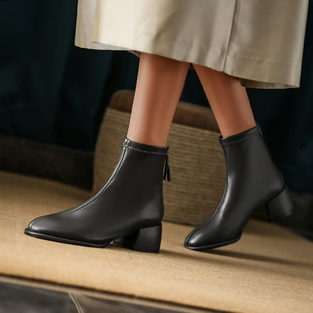 

New Years Eve Outfit Womens Boots Shoes Winter Snow Boots For Womenladies Fashion Solid Color Leather British Style Back Zipper Thick Heel Short Boots Gifts For Women Her Birthday