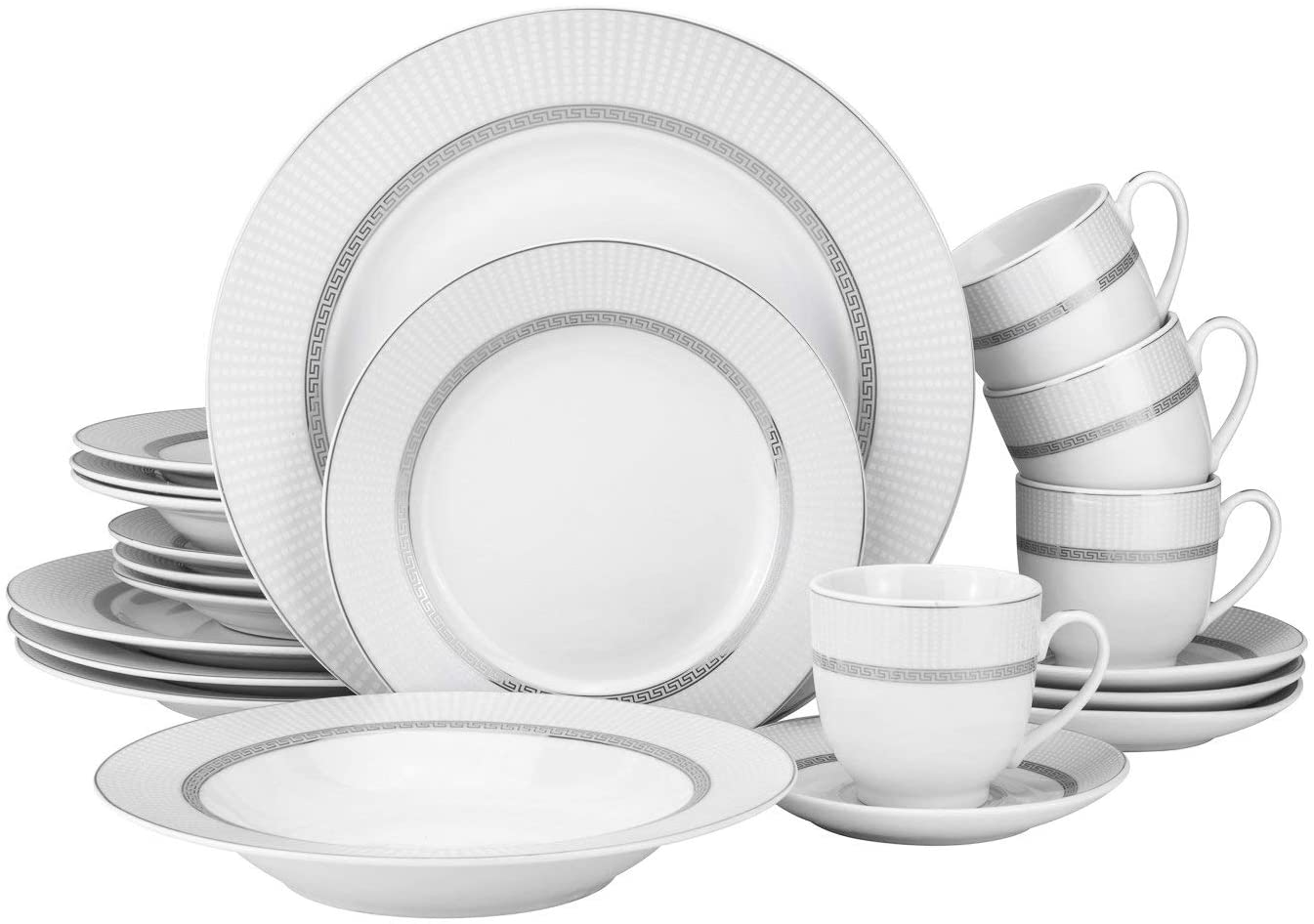 20pc Bone China Porcelain Dinnerware Set w/ Silver Rims, Super White Elegant Dinner Set, Dinner