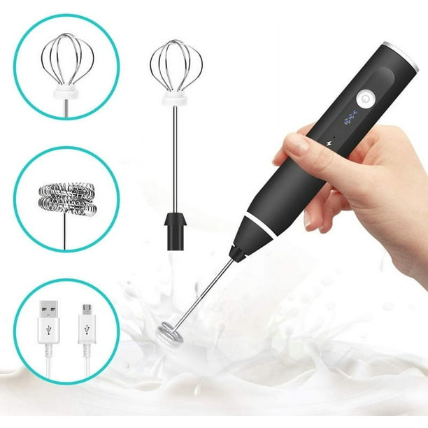 Espumador de leche eléctrico recargable negro con 2 batidores de acero inoxidable, mini batidor de 3 velocidades ajustables para café, matcha, capuchino con leche, C