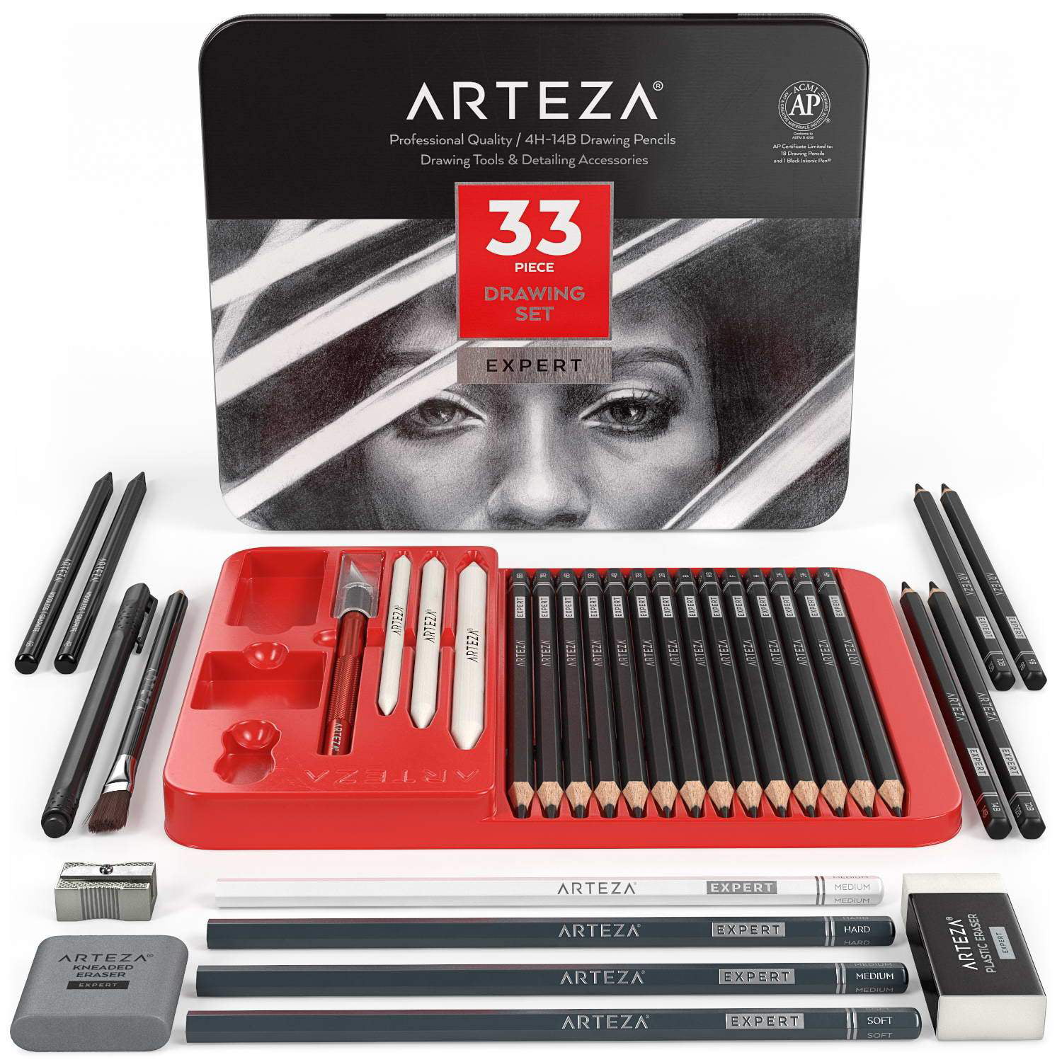 Arteza Professional Drawing Pencils Set Graphite, Charcoal, Blenders