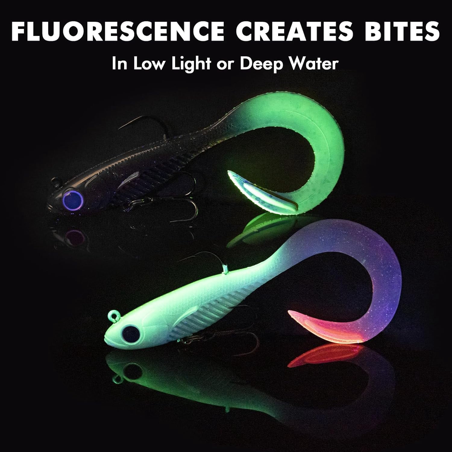 TRUSCEND Duramax Soft Fishing Lures with BKK Hooks, Easy Catch Curly & T-Tail for Trembly Sinking & Vibrating Swim, UV or Glow Effect for All Conditions, Pre-rigged Swimbait for Bass Trout Crappie