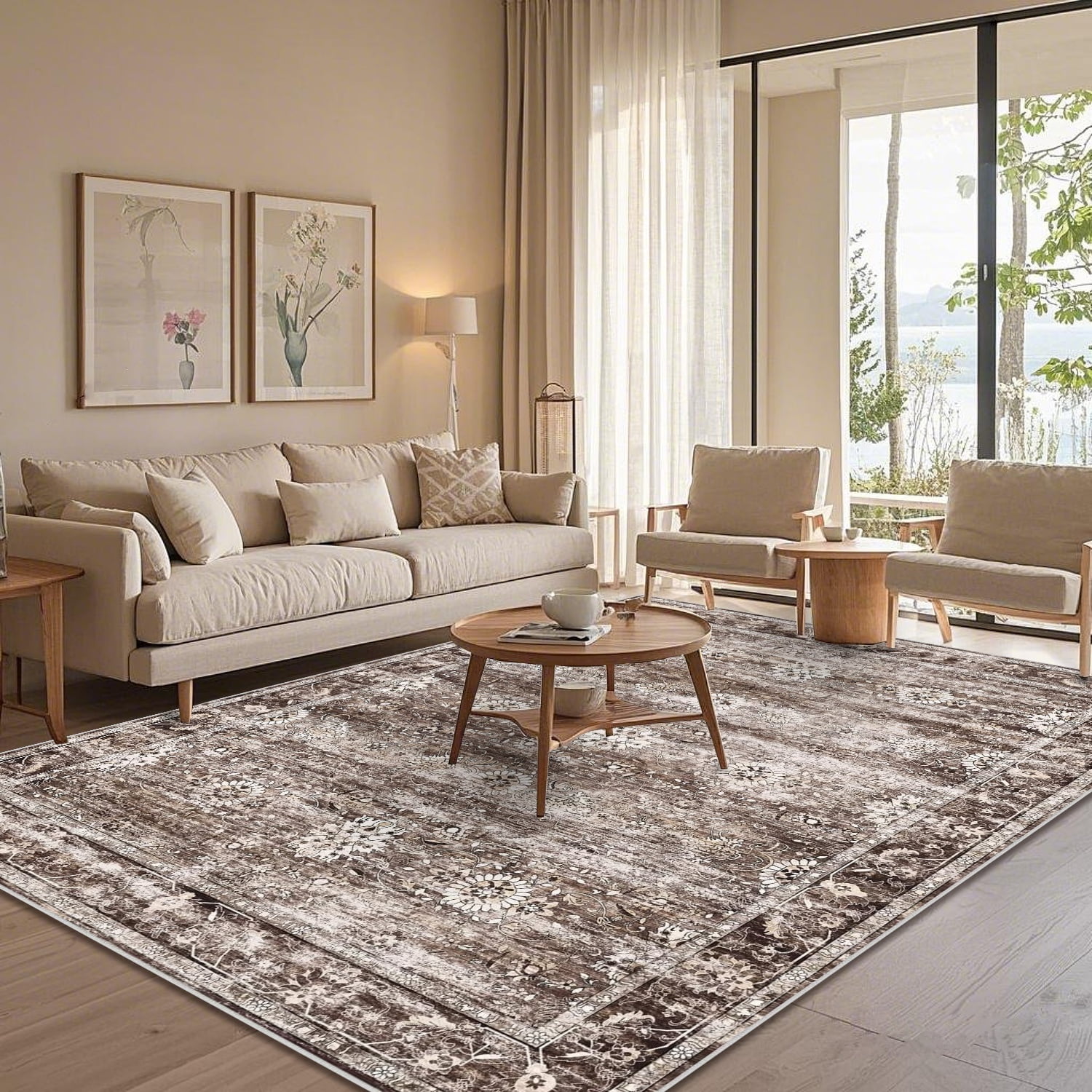 Yamaziot Area Rugs for Living Room 6x9, Washable Indoor Rug Vintage Distressed Persian Floral Boho Non Slip Accent Carpet for Bedroom Dinning Room Home Office, Brown