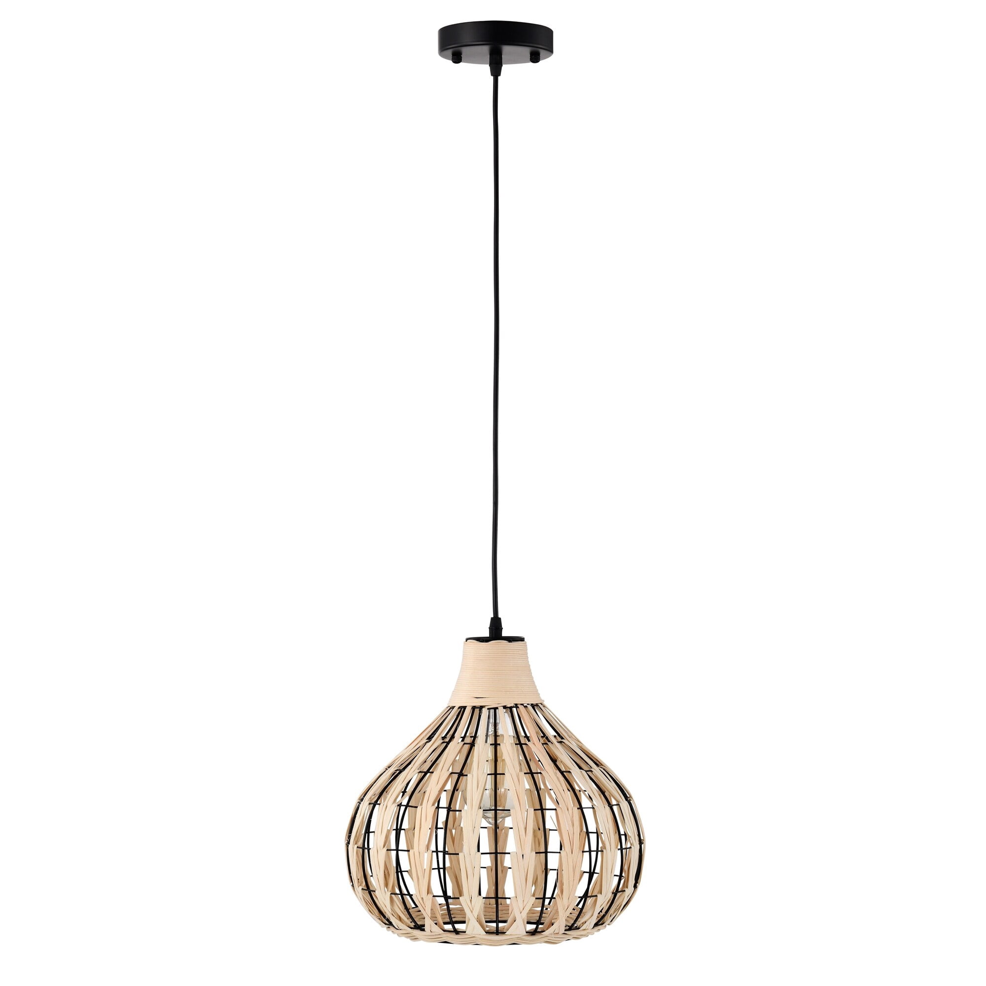Zilpah 12 in. 1-Light Indoor Matte Black and Woven Rattan Finish Pendant with Light Kit