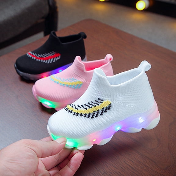 dgysar Boys One Kick LED Sneakers Boys Girls Patchwork Breathable Light Up Shoes Soft Sole Non-slip for Daily Outdoor Casual Wear White 25