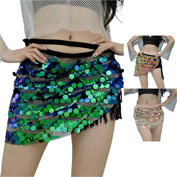 Wxolcjlv Women's Iridescent Sequin Wrap Mini Skirt Tie Waist Performance Club Short Skirts