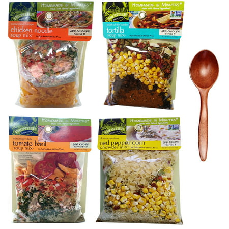 Frontier Soups Favorites Bundle (4 Pack): Chicken Noodle, Tomato Basil, Tortilla & Red Pepper Corn Chowder. Gluten Free and All Natural Ingredients; Includes Soup Spoon as Shown