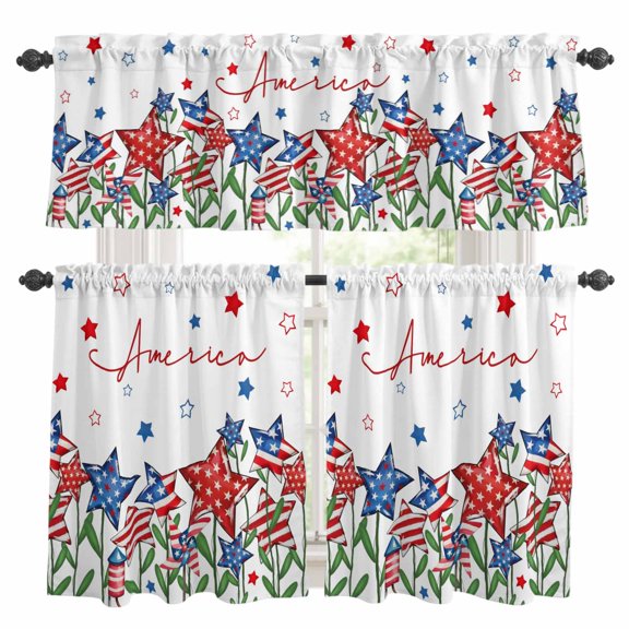 Independence Day Kitchen Curtains Sets for Windows 24 Inch Length, 4th of July Red Blue Stars Patriotic Rod Pocket Window Treatments Tier Curtains and Valances Set for Bedroom/Bathroom