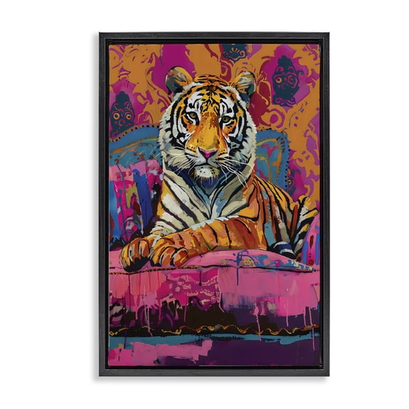 Stupell Industries Contemporary Lounging Tiger over Orange Pink Black Floating Frame Canvas Art, 17 x 25, by LSR Design Studio