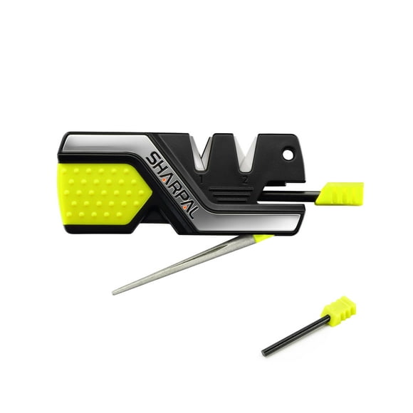 SHARPAL 101N-G Afilador de cuchillos de bolsillo para cocina, herramienta de supervivencia para acampar con 2 encendedores de fuego, varilla ferro, silbato y varilla de afilar de diamante para hoja re