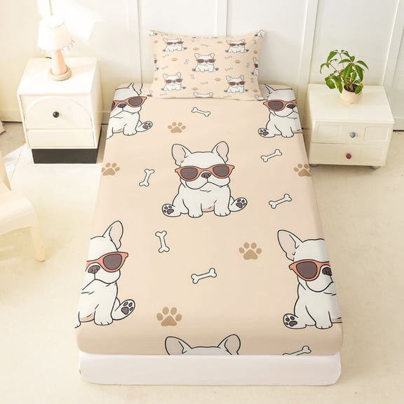 Manfei Sunglass French Bulldog Twin Fitted Sheet, Cute Paw Bone Bedding, Cream Beige, 2-Piece, 1 Fitted Sheet and 1 Pillowcase