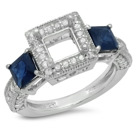 Sapphire Semi Mount - 1.60 Carat (ctw) 14K White Gold Princess Cut Blue Sapphire & Round Cut White Diamond Ladies Semi Mount Engagement Bridal
