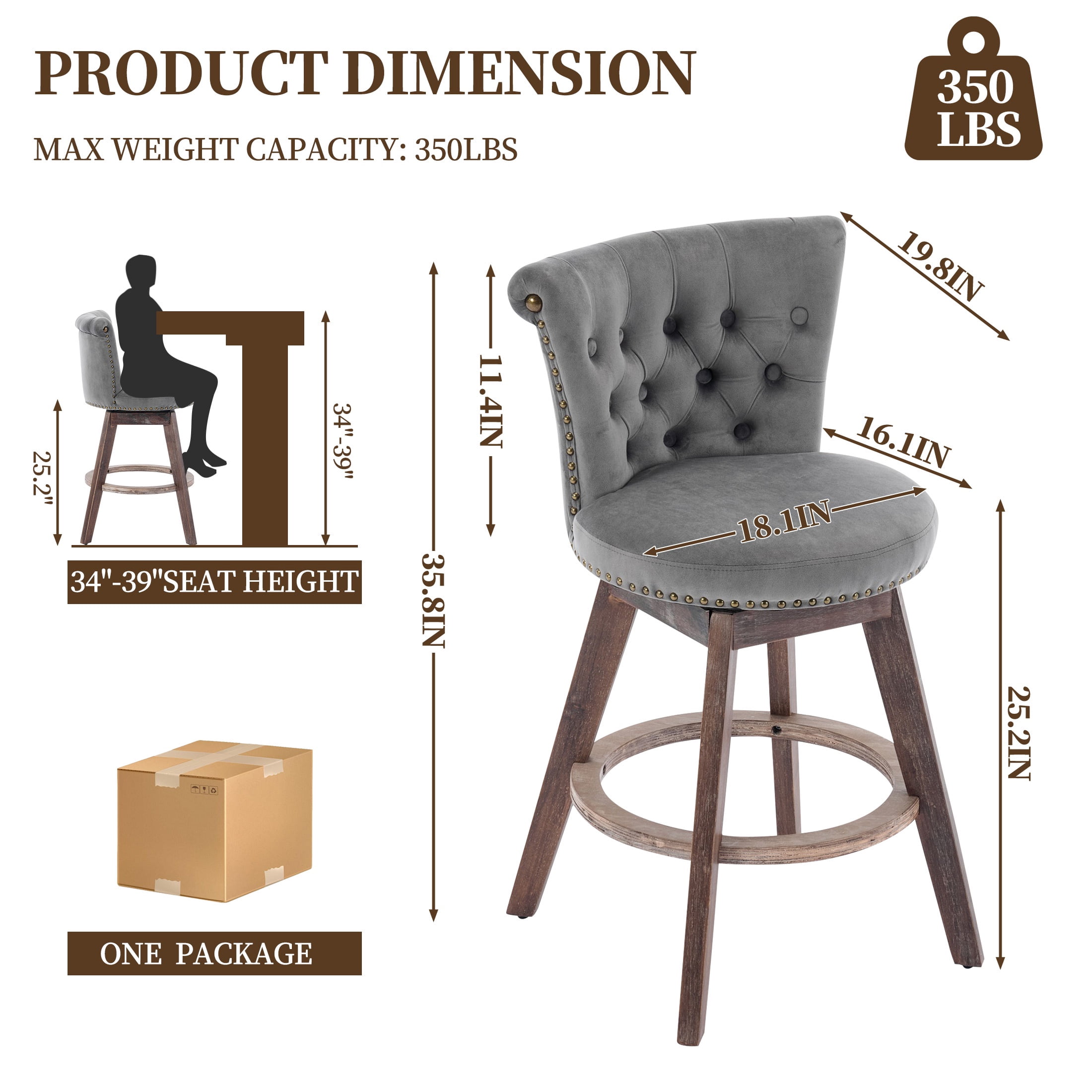 PAPROOS Bar Stools Set of 2, 26" Swivel Counter Height Bar Stools with Back, Upholstered Velvet Kitchen Island Counter Height Chair with Button Tufted Back, Nailhead Trim and Wood Legs, Grey