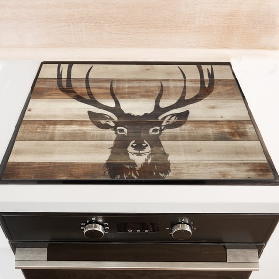 Square Electric Stove Top Covers, Deer Head on Rustic Wood Print Diatomite Foldable Waterproof Stovetop Mat, Washable Kitchen Decor Pad for Kitchen RV (28×20 Inch)