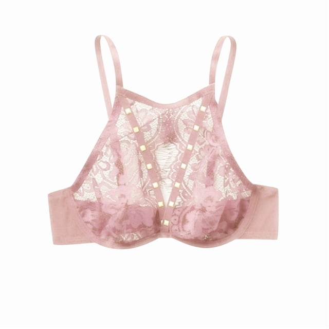 WZXFASHION Women's Solid Color Hollow Lace Sexy Lingerie Intimates Pink L