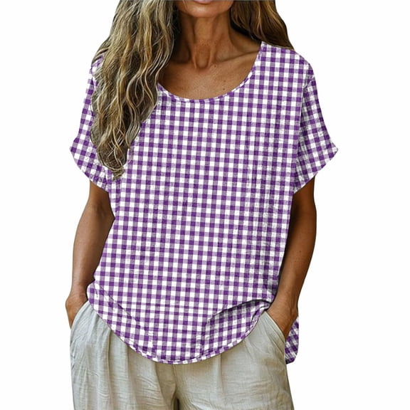 GUACER Gingham Plaid Shirts for Women Short Sleeve Cotton Linen Summer Tops Casual Checkered Tunic Blouses