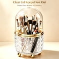 thumbnail image 3 of Extra Large 360° Rotating Makeup Brush Organizer with Dome Dustproof Lid, Diamond Embossed Clear Cosmetic Storage for Brushes Lipsticks Eyebrow Pencils, Gold Footed Vanity Countertop Holder, 3 of 5