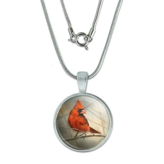 Cardinal Red Bird on Tree Branch 0.75" Pendant with Sterling Silver Plated Chain