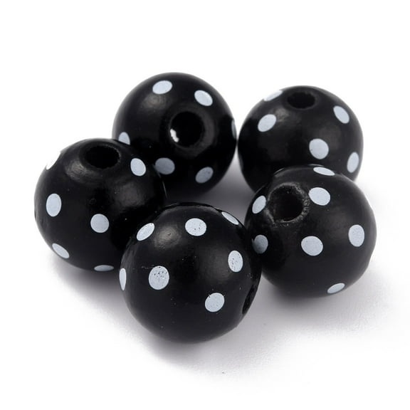 50pc Dyed Natural Wooden Beads Macrame Beads Large Hole Round with Polka Dot Black 16x15mm Hole: 4mm