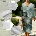 thumbnail image 5 of COEQINE Midi Dress for Women 3/4 Sleeve Wrap V-Neck, Loose Fit Boho 2026 Shift Dress Beach Cover Up with Linen Look, Machine Washable, Size M, Ink Pine Tree Mountain, 5 of 6