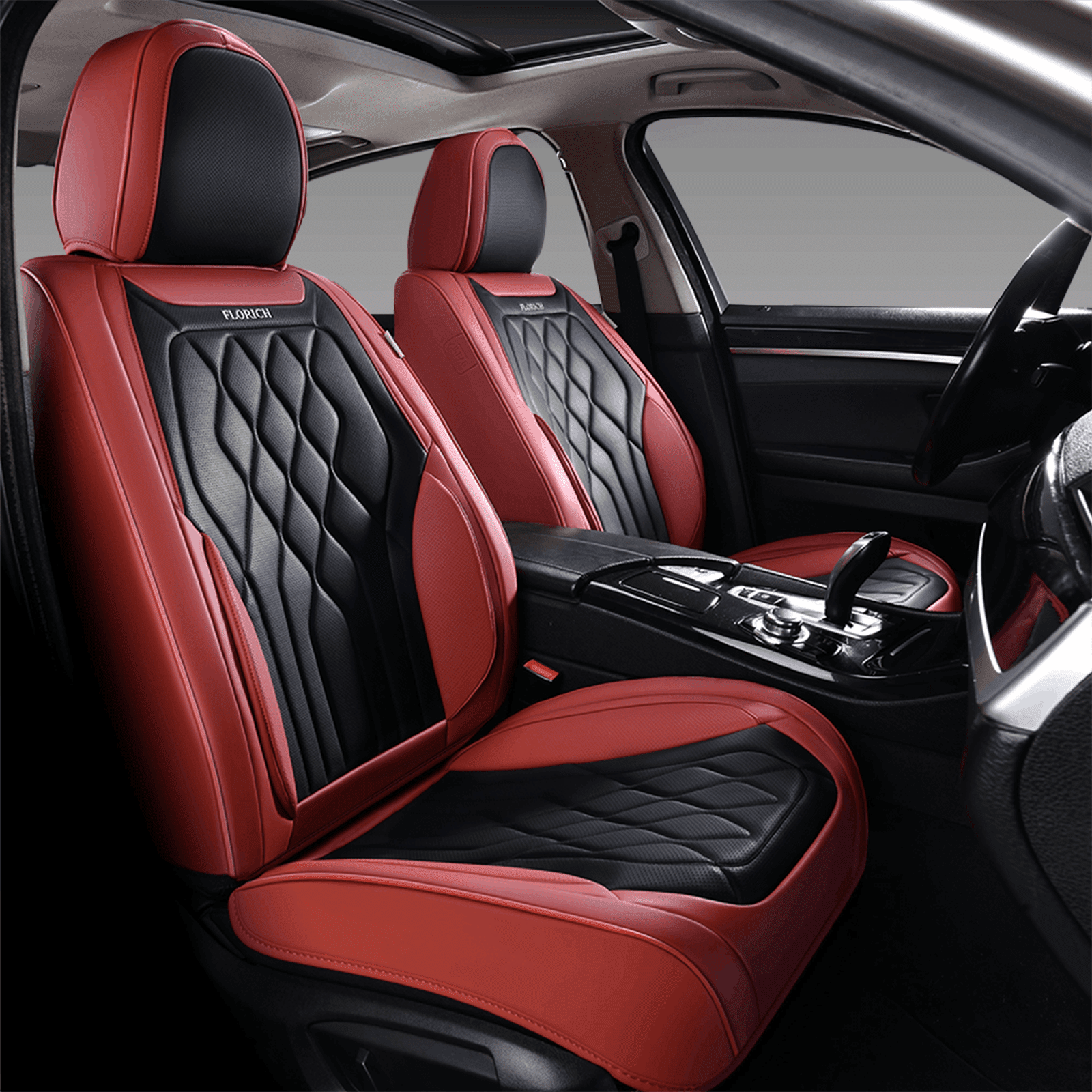 FLORICH Car Seat Covers Full Set, Waterproof Faux Leather Seat Protectors, Automotive Interior Cushions Universal Fit for Most Cars Suv Trucks, Black & Red