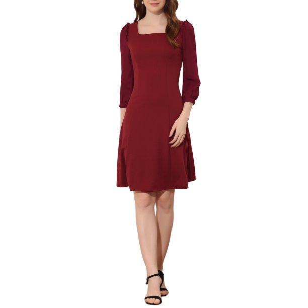 INSPIRE CHIC Women's Square Neck Ruffle Trim Sheer 3/4 Sleeve Chiffon Mini Dress XS Burgundy