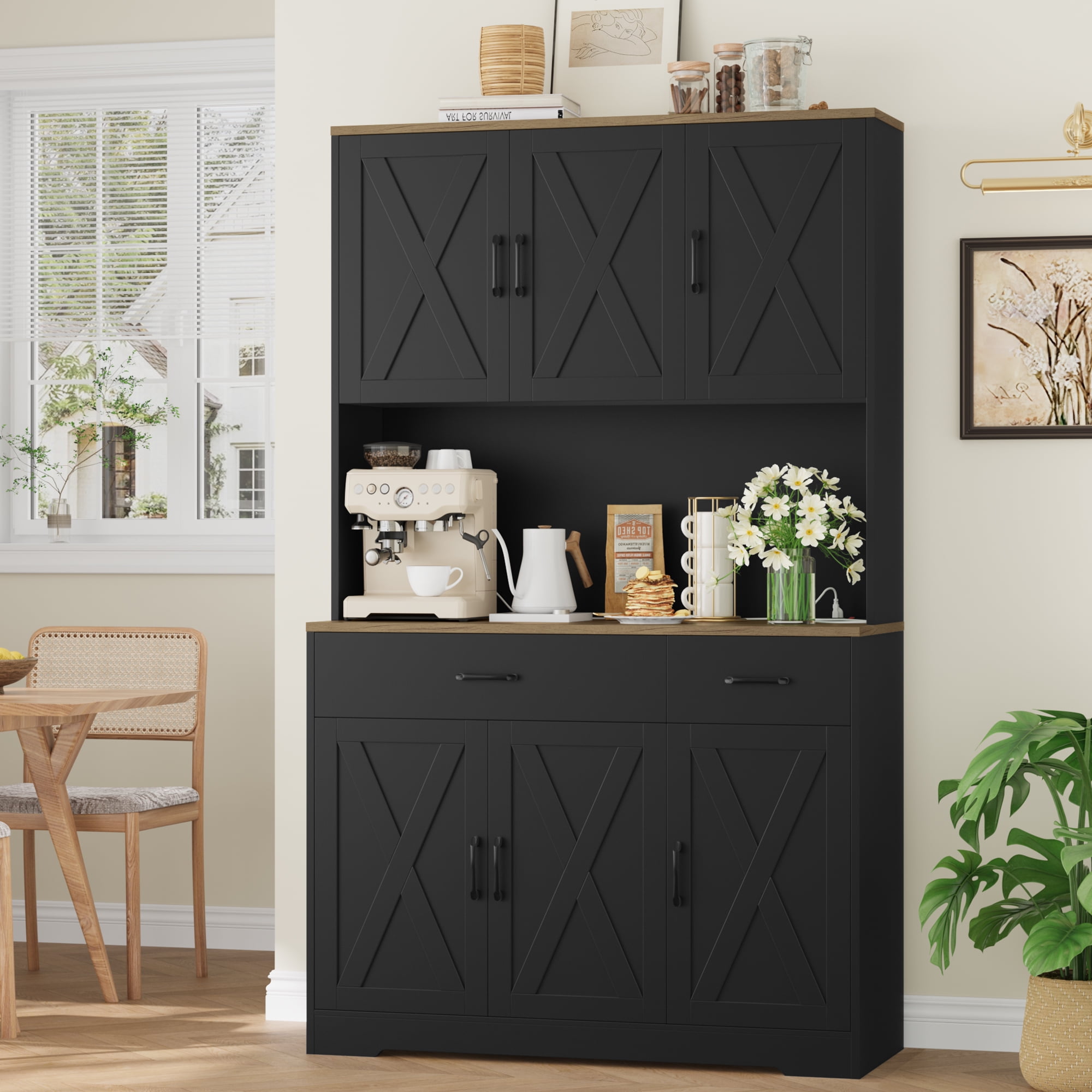 Homfa 71" Kitchen Pantry with Charging Station, Freestanding Cupboard with Adjustable Shelves, Floor Cabinet for Dining Room, Black