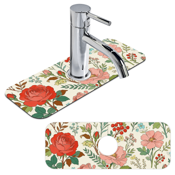 15.4"x5.7"Kitchen Sink Splash Guard Faucet Mat Floral Flower Faucet Splash Guard Mat Non-Slip Absorbent Fast Drying Mat for Kitchen,Bathroom