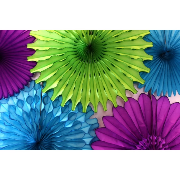 Devra Party Peacock Purple, Lime, and Turquoise Large Tissue Paper Fan Decorations, 13 and 18 Inches (5 Piece)