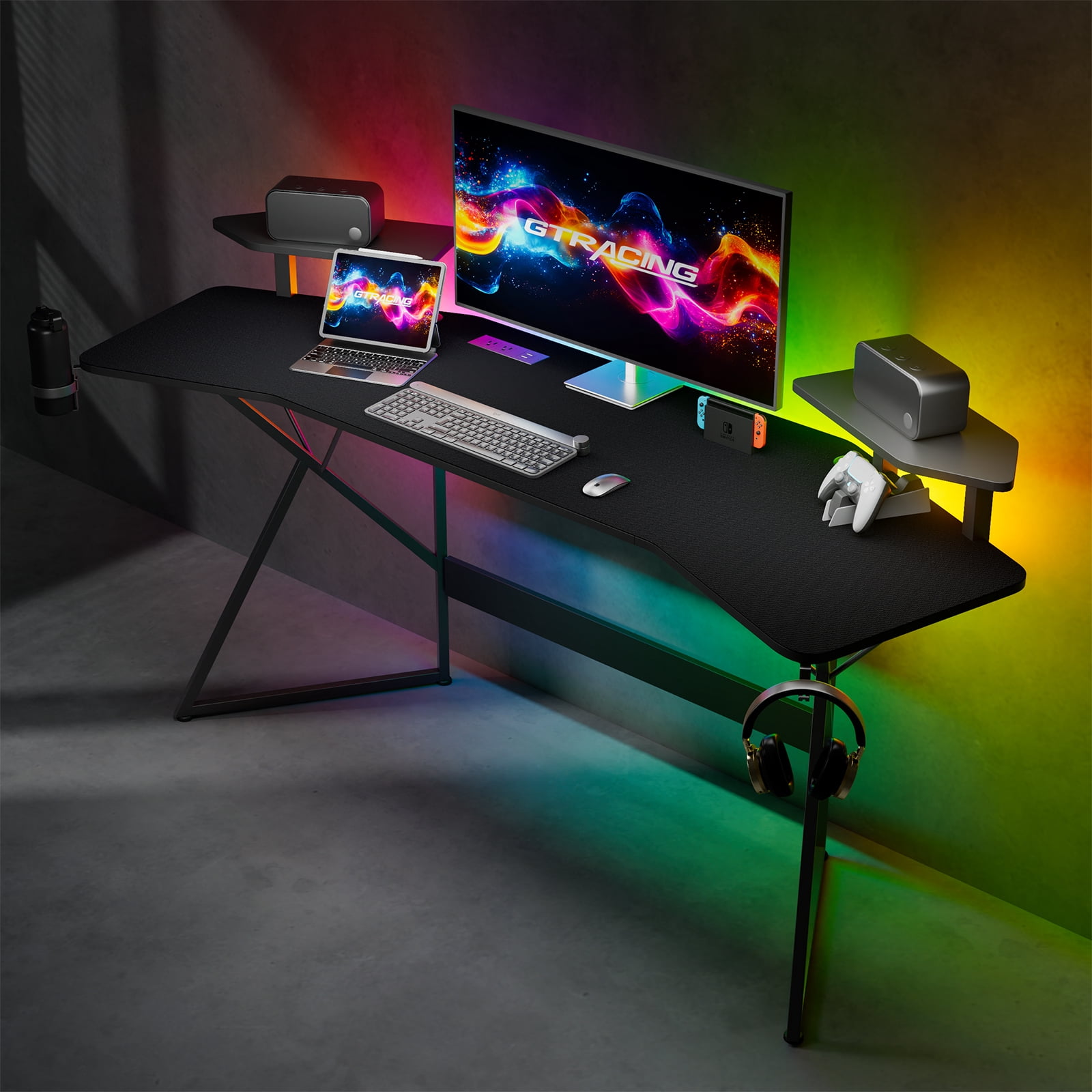 GTRACING Wing-Shaped Gaming Desk with Power Outlet, RGB LED Lights, Removable Monitor Stand, Full-sized Mouse Pad, Headphone Hook & Cup Holder, Black