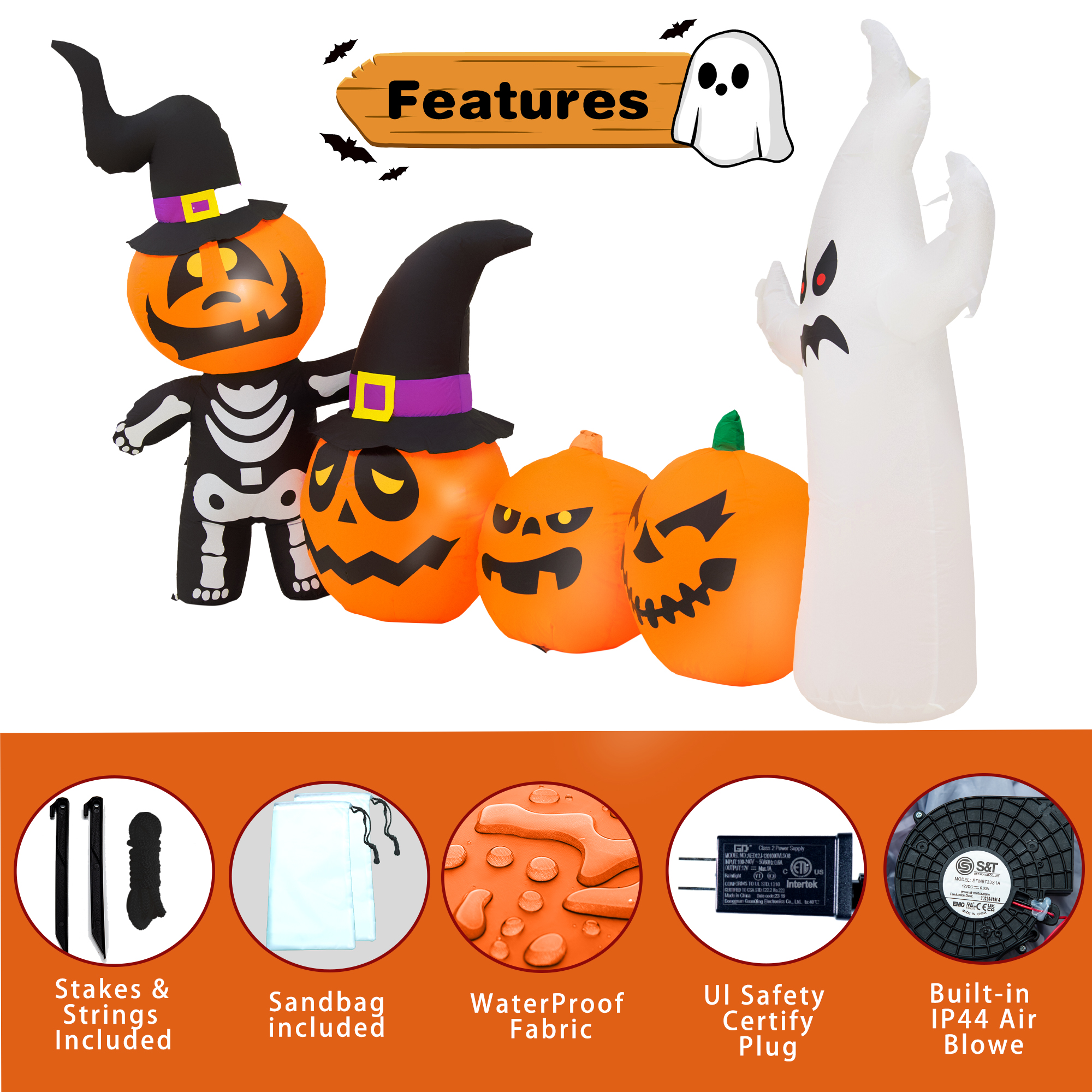 Yexmas Halloween Inflatables, 9 FT Long 4 Pumpkins with Cute White Ghost Outdoor Decorations, Built-in LEDs, Blow Up Party, Waterproof Yard, Garden, Lawn Decor - image 5 of 9