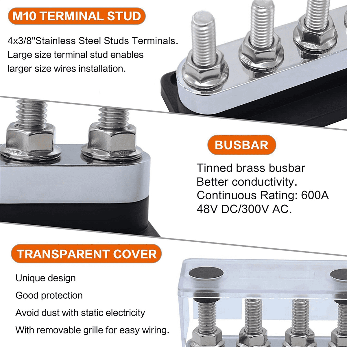 4X 600A Bus Bar 4-Stud (3/8 Inch) M10 High Current Copper Busbar Terminal Block Marine DC 12V 24V 48V with Cover(Black)