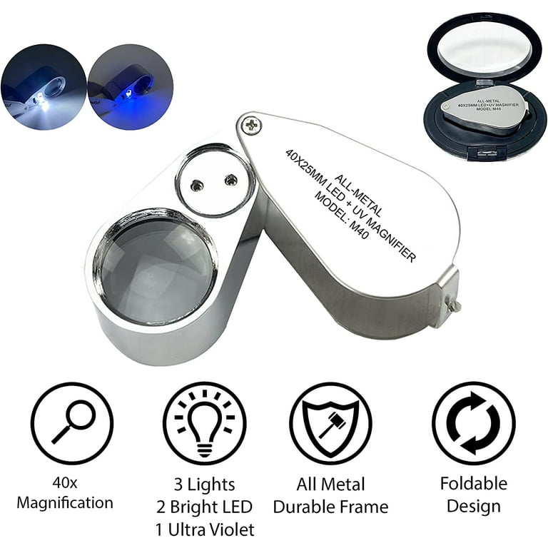 30X Jewelers Loupe Magnifying Glass with Light, Jewelry Magnifier Eye Loop, Metal Pocket Magnifying Glass for Jewelry, Plants, Diamonds, Gems, Coins