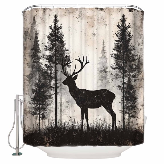 Small Stall Shower Curtain 36x72 Inch Narrow Half Size Forest Deer Bath Curtains Bathroom Decor Rustic Country Wildlife Woodland Black Beige Waterproof Fabric Shower Curtain Set with Hooks 36 Inch