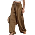 thumbnail image 4 of Qgtaibl Women's Drawstring Elastic Waist Wide Leg Pants Casual Loose Fit High Waisted Cotton Linen Trousers with Pockets Summer Lightweight Breathable Palazzo Pants Brown XL, 4 of 7