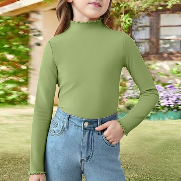 YOUYEDIAN Girls Ribbed Mock Neck Top, Long Sleeve Shirt with Lettuce Trim, Soft Knit Slim Fit Base Layer Green 4-5 Years