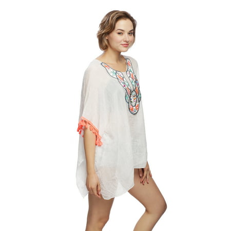 Womens Handmade Bead Accented Poncho Comfort Fit Cover Up Outerwear Top for Spring Summer Fall
