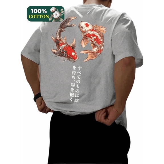 Whichone Men's Cotton T-Shirt with Koi Fish Graphic and Japanese Characters - Stylish Casual Wear