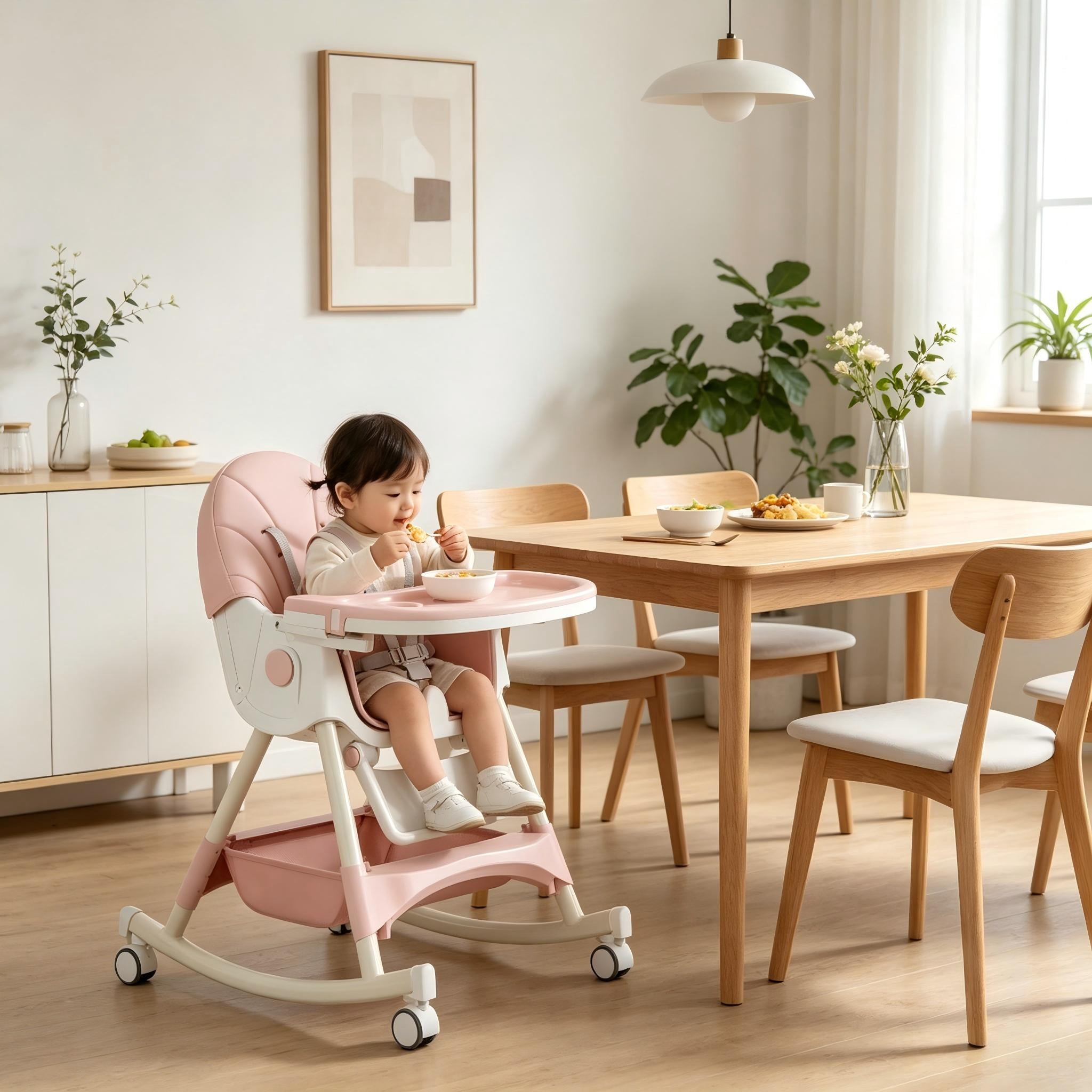 Cochildor 6 in 1 Foldable High Chair, Convertible High Chair for Baby&Toddler, with 5 Point Harness, Pink