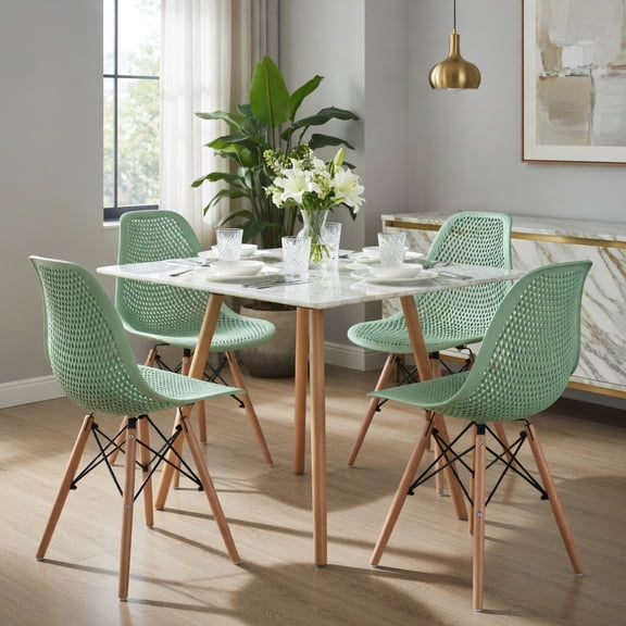 Demi Bonn 4 Pcs Modern Plastic Hollow Dining Chairs Set with Wood Leg, Green
