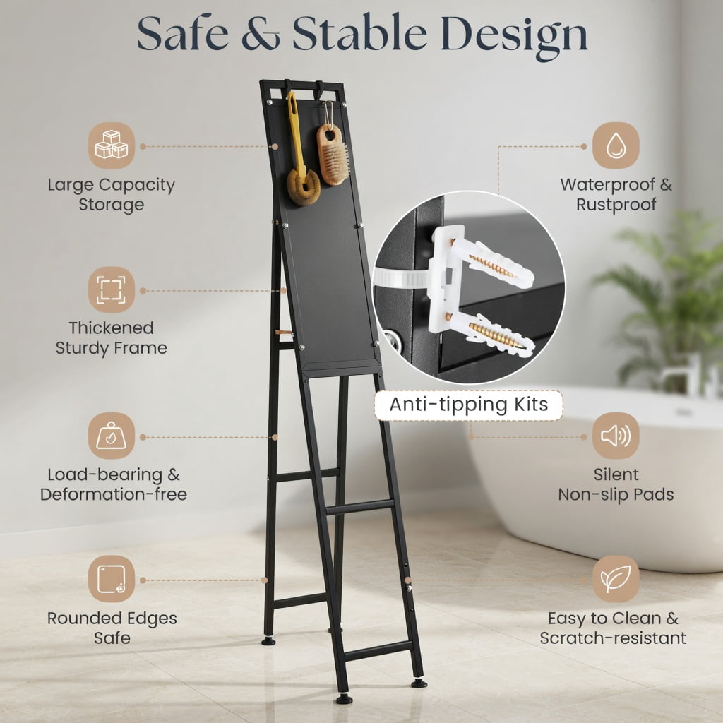 Hommoo Over the Toilet Storage Cabinet with Flip-Up Doors, 2-Tier Bathroom Organizer for Shampoo & Toiletries, Space-Saving Steel Frame with Adjustable Feet & Wall Anchors, Black