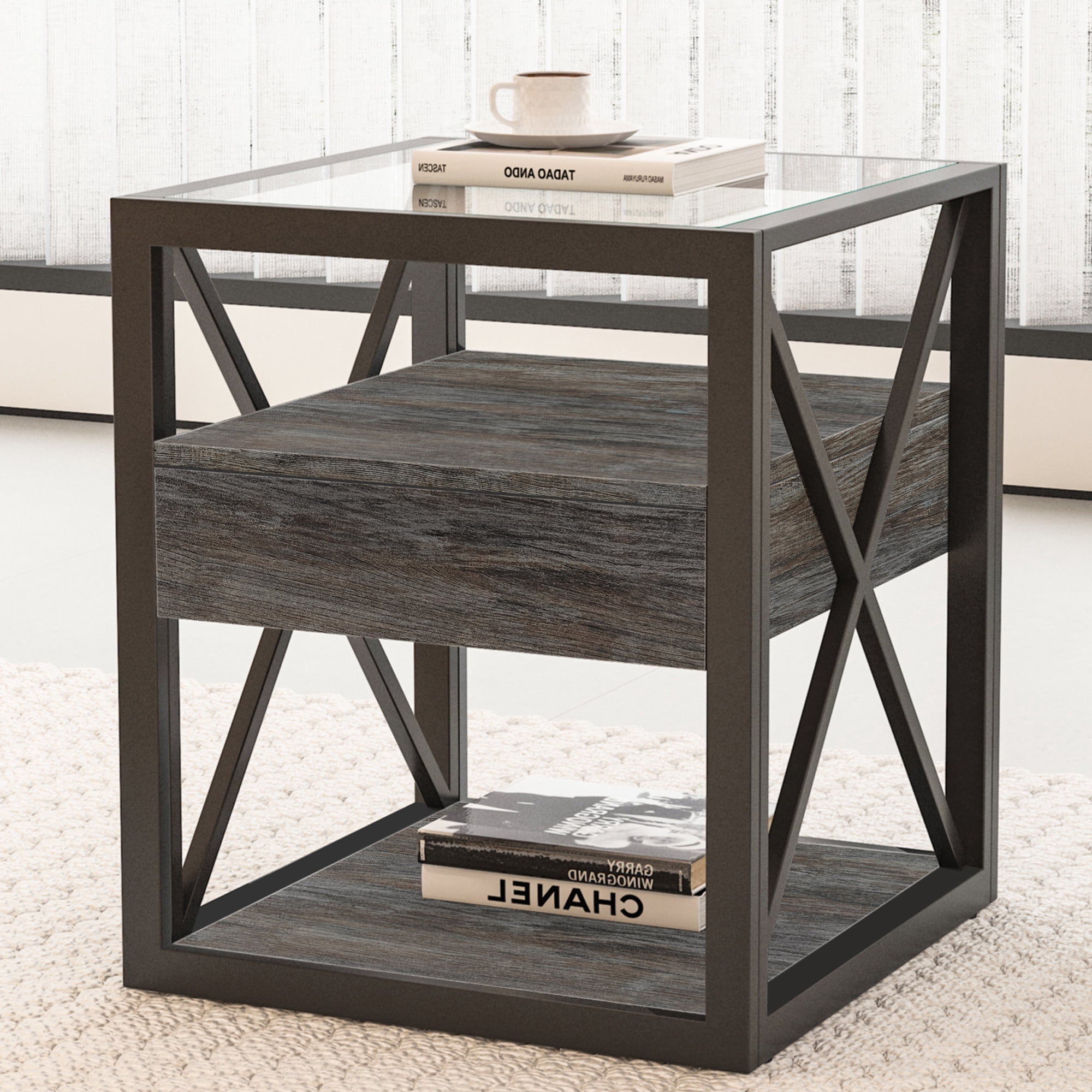 Set of 2 Modern End Table with Drawer, Nightstand for Bedroom & Living Room, Rustic Wood Grain MDF & Tempered Glass Top, Industrial Style Side Table