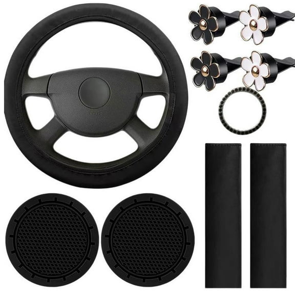 10pcs Women's Leather Steering Wheel Cover, Car Accessories Set With Seat Belt Shoulder Pads, Start Button Ring Sticker, Vent Clip, Car Accessories