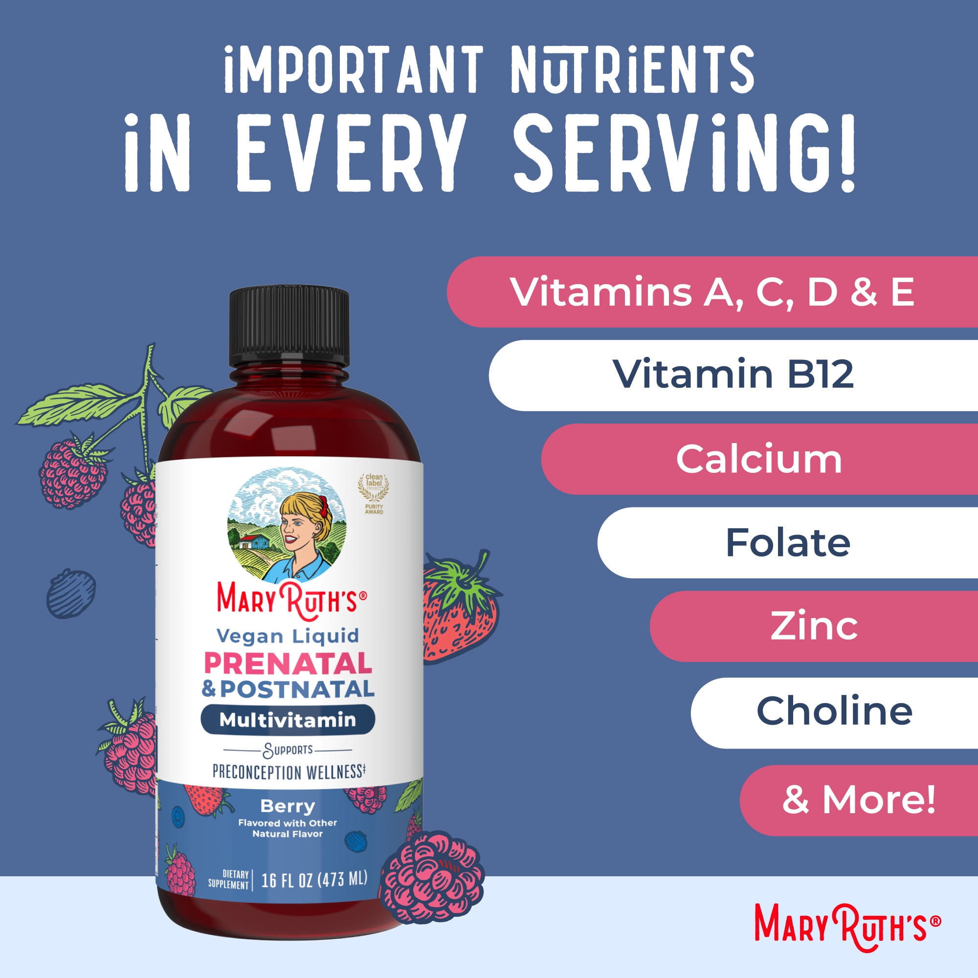 MaryRuth's Vegan Liquid Prenatal Postnatal Multivitamin, Berry Flavor, Gluten-Free, Sugar-Free, 1-Count 16 fl. oz.