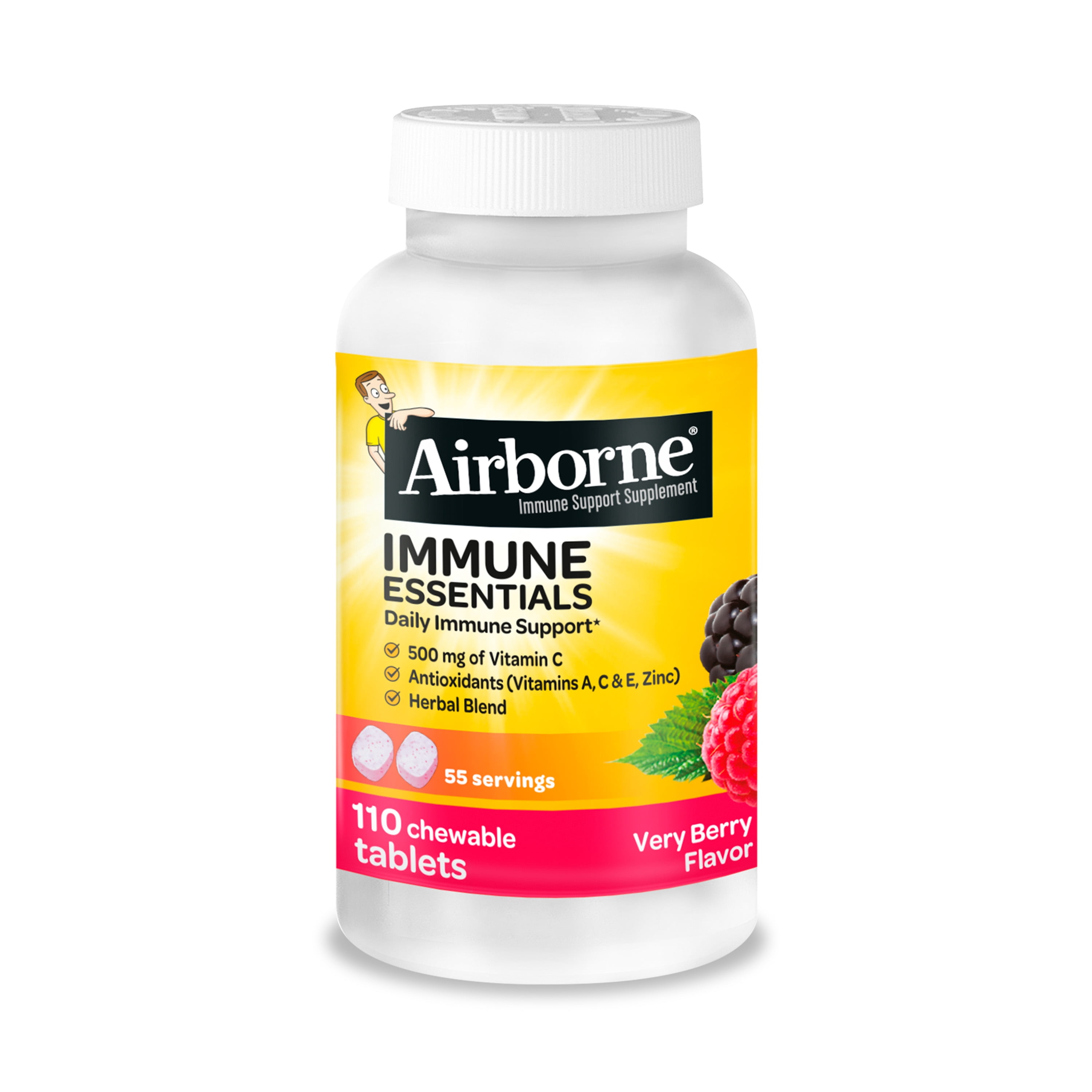(3 pack) Airborne Immune Essentials Vitamin C Chewable Tablets, Multivitamin Immunity Support Supplement, Very Berry, 110 Count