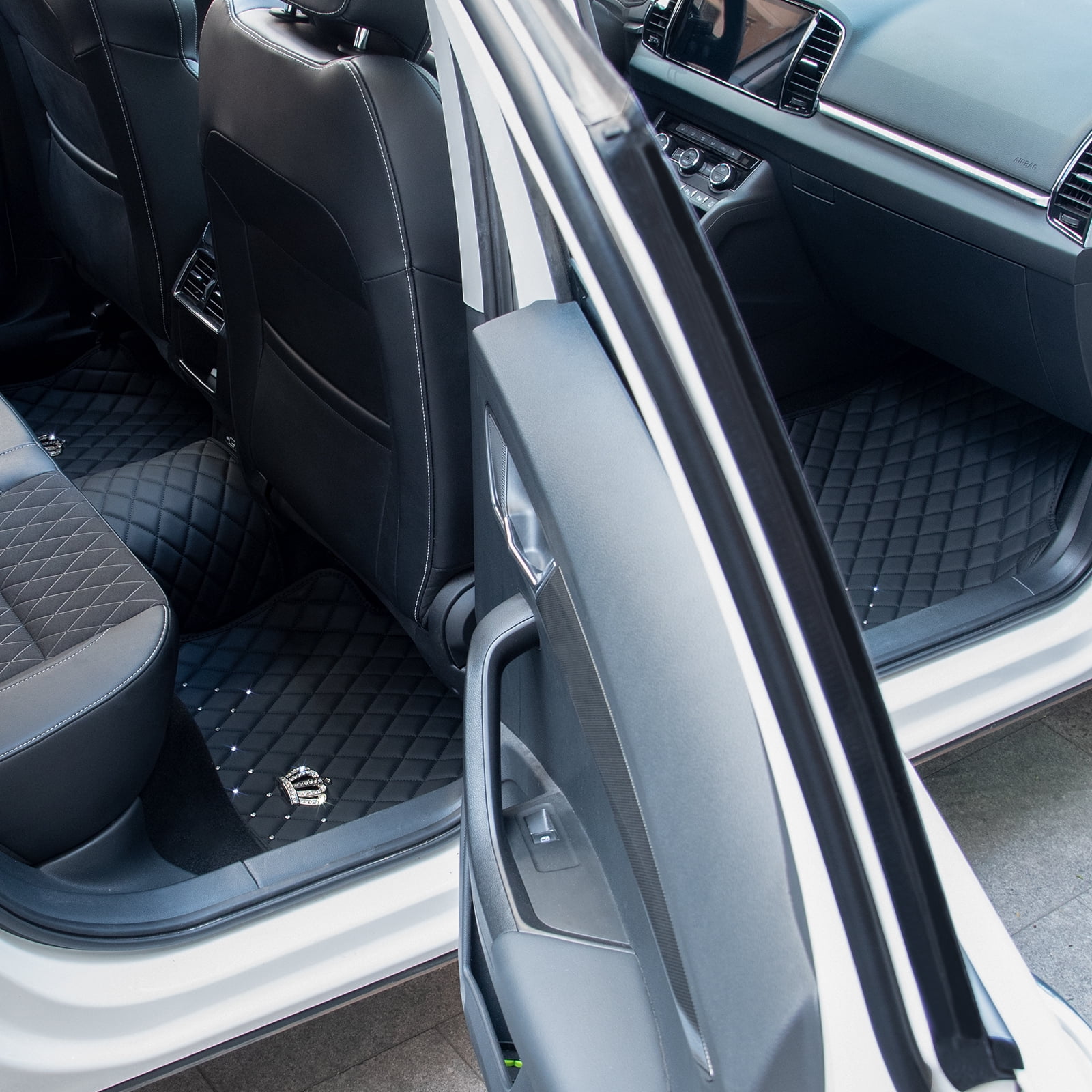 eing All Weather Pu Leather Floor Mats for Car SUV & Truck - 5 Pack/Set (Front & Rear), Heavy Duty Protection,Crown Car Floor Cushion,Black