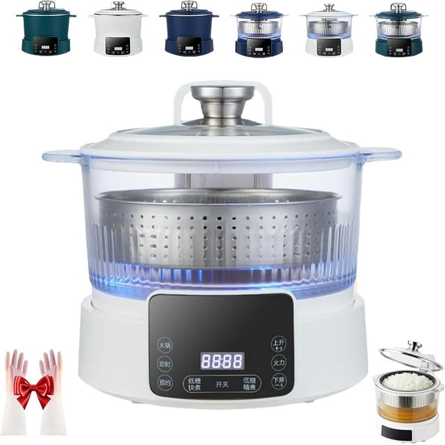 Rice Soup Separation Electric Cooker, Non-stick Pan & Rices Soup Separate, 3L Low Carb Rice Cooker with Reservable-Timable and Liftable Filter Basket, for Rices, Ramen, Hot Pot (White,glass)
